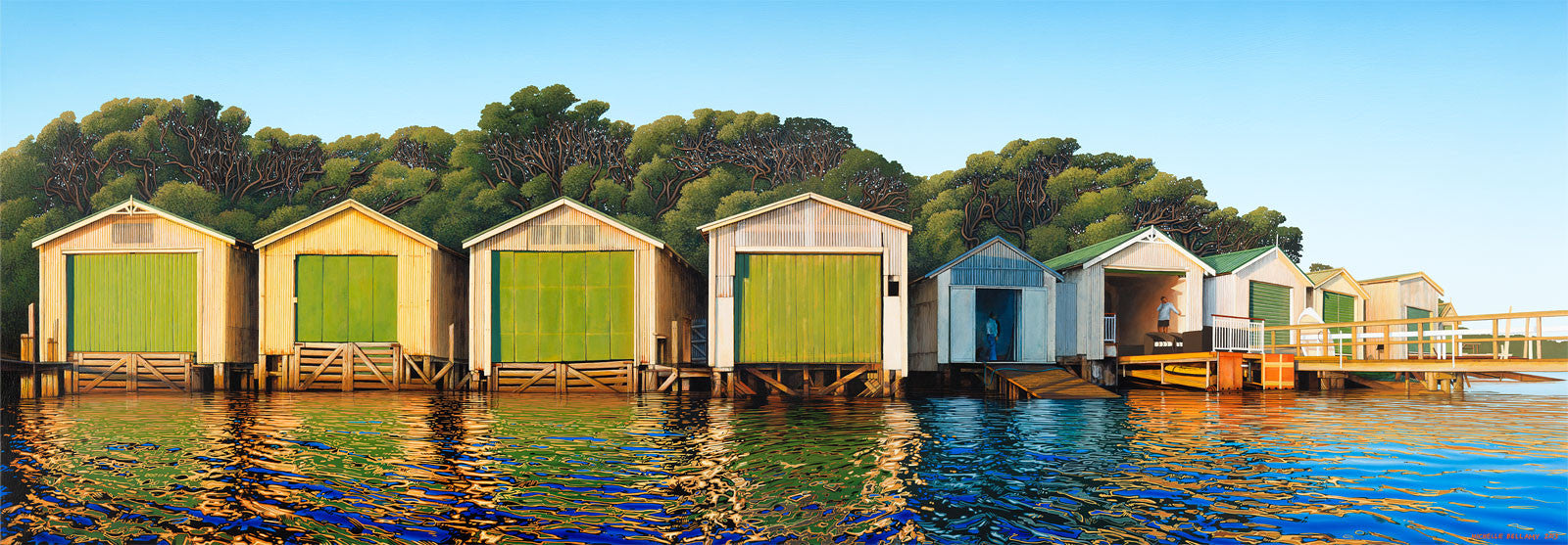 A painting of the Orakei Boat Sheds on Ngapipi Rd, by New Zealand artist Michelle Bellamy.