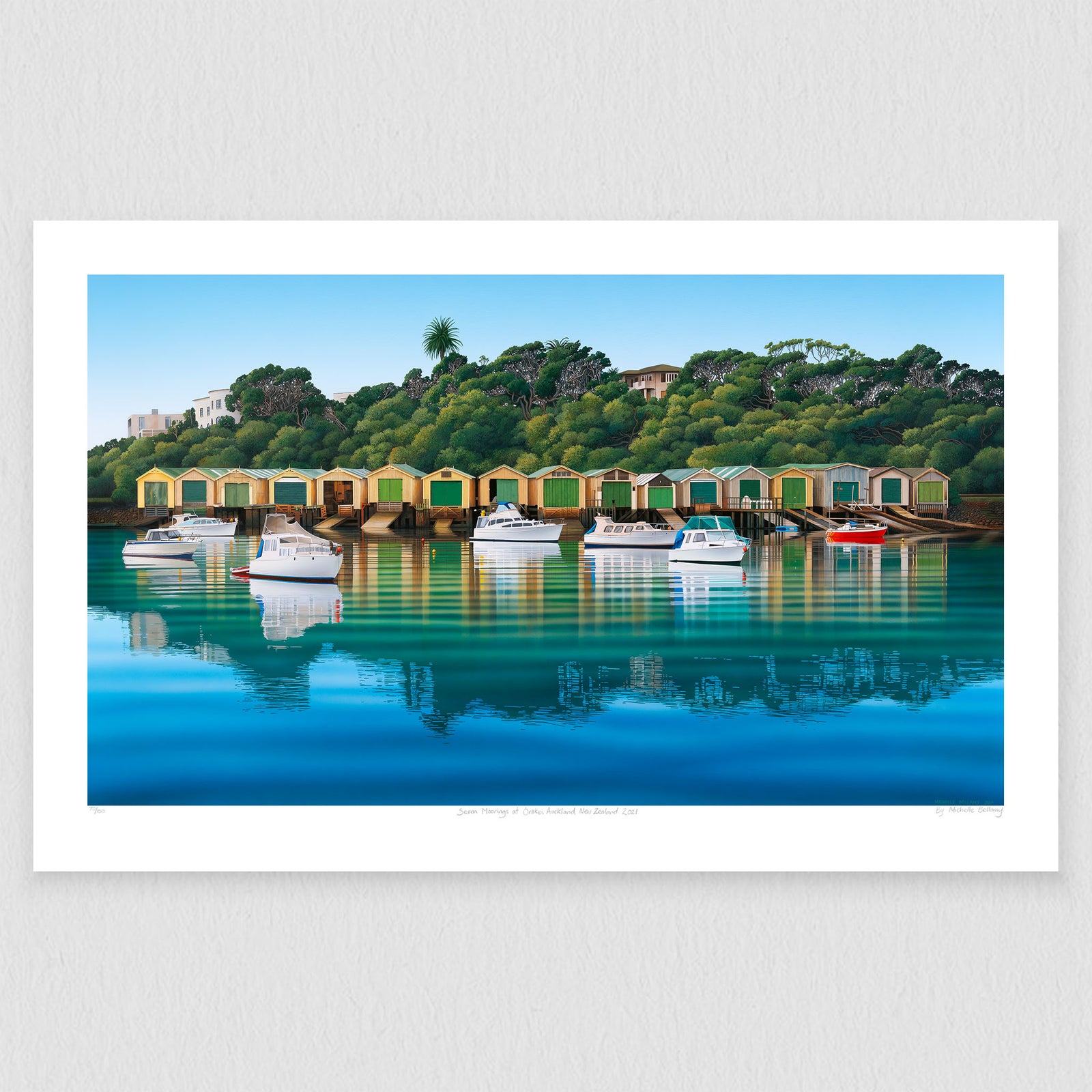 A unframed art print featuring seven moored boats on the calm waters of the Orakei Basin, with vibrant orange contrasting with the predominantly blue and green hues.