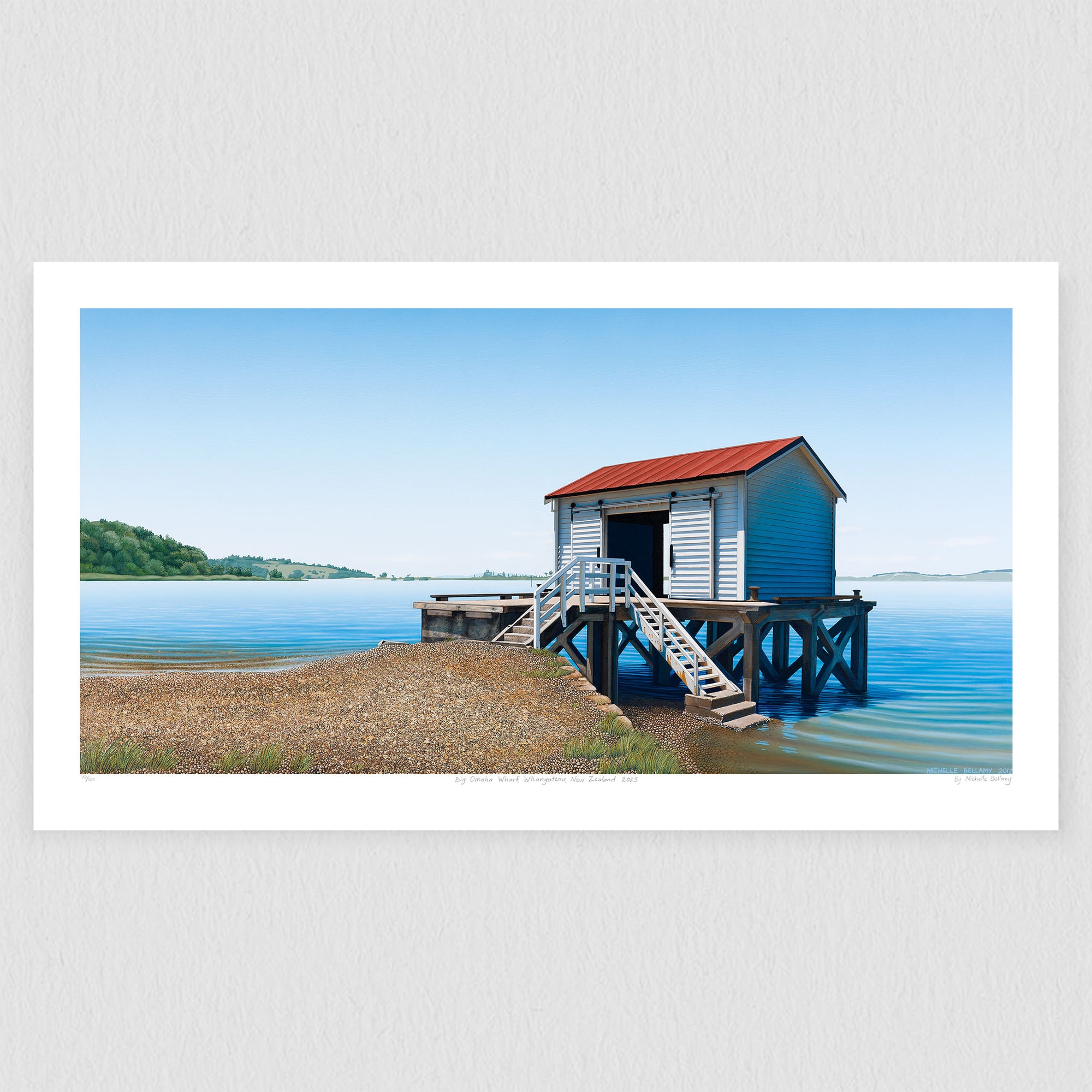 Big Omaha Wharf by artist Michelle Bellamy, a limited edition art reproduction showcasing the tranquil Whāngateau Harbour with its sand-spit and estuary on New Zealand's north-eastern coast.
