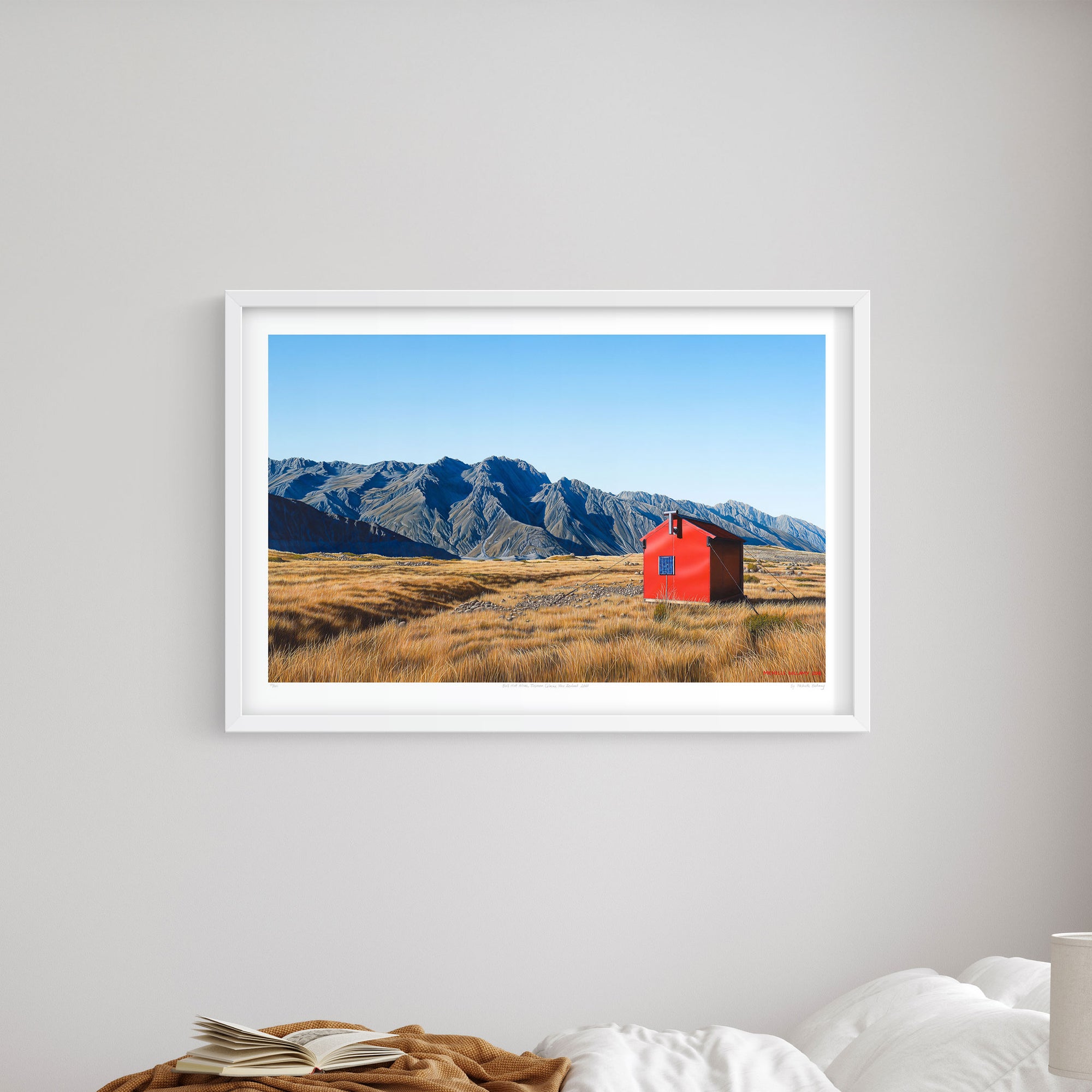 Limited edition art reproduction of 'Ball Hut Alone' by Michelle Bellamy, featuring a rugged landscape of Aoraki/Mount Cook National Park with views towards the Tasman Glacier