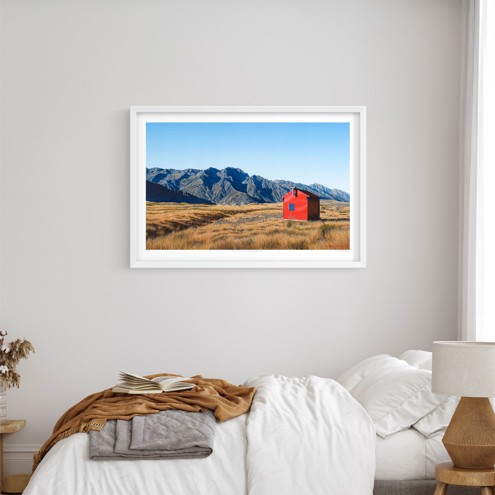 Limited edition art reproduction of 'Ball Hut Alone' by Michelle Bellamy, featuring a rugged landscape of Aoraki/Mount Cook National Park with views towards the Tasman Glacier