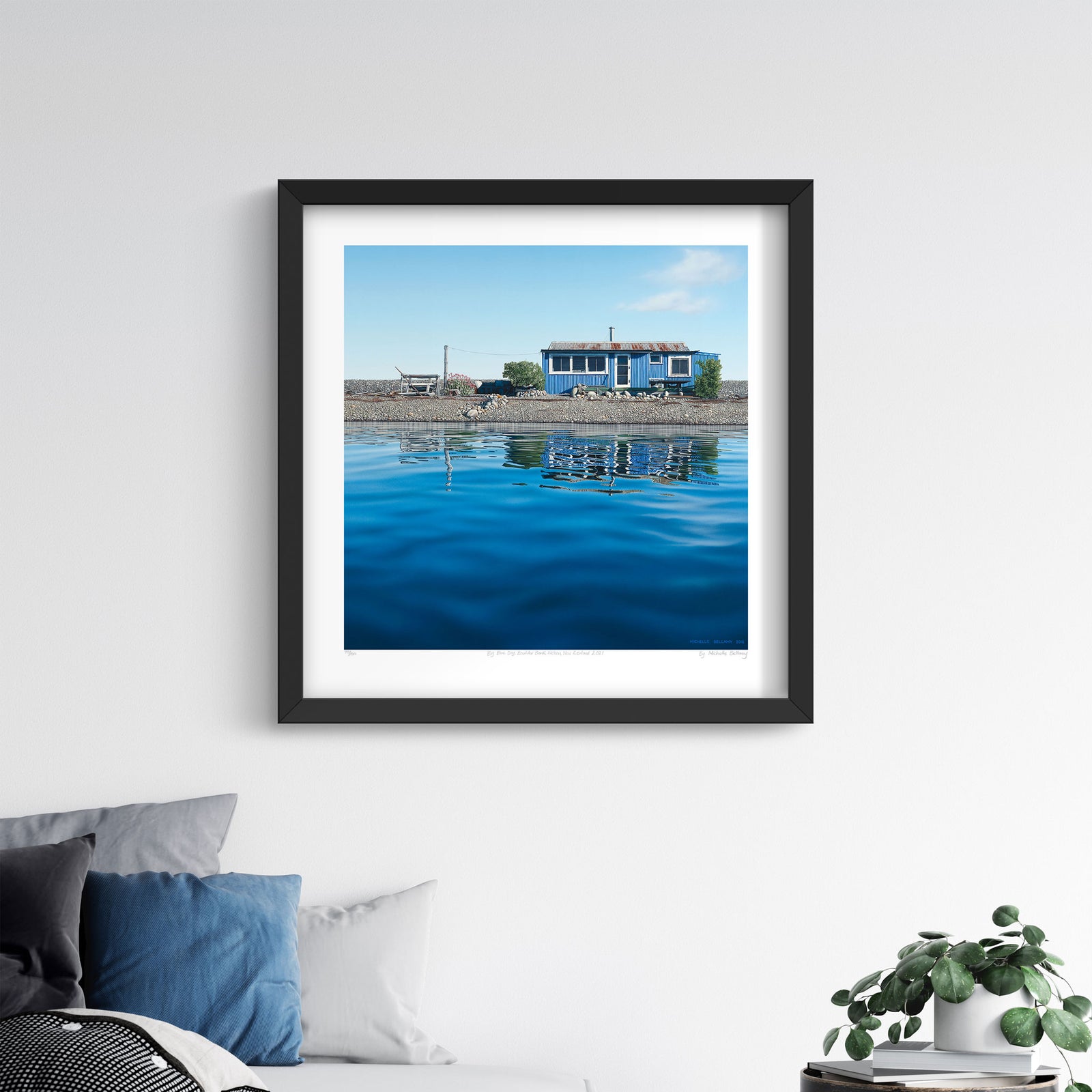 Limited edition art reproduction of Inkster's Bach by Michelle Bellamy, showcasing the Boulder Bank with bold blues, warm tones, and natural elements.