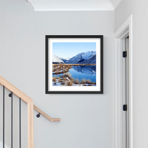 Black framed Lake Tennyson limited edition landscape art print by New Zealand artist Michelle Bellamy.