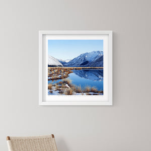 White framed art print at Lake Tennyson in the Molesworth by artist Michelle Bellamy.