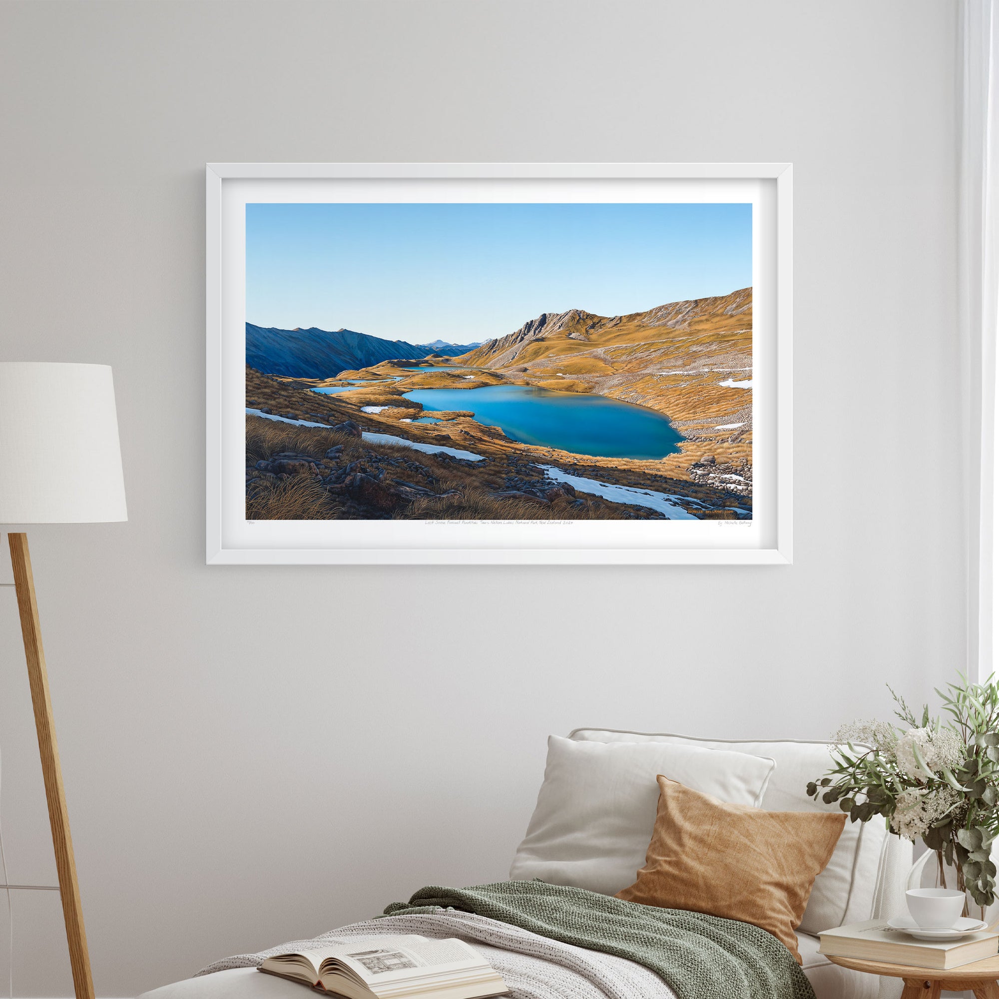 A framed landscape art print featuring the Paratītahi Tarns in the Saint Arnaud Range of the Nelson Lakes National Park, New Zealand.