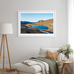 A framed art print of the Paratitahi Tarns in the Saint Arnaud Range of the Nelson Lakes National Park, New Zealand.