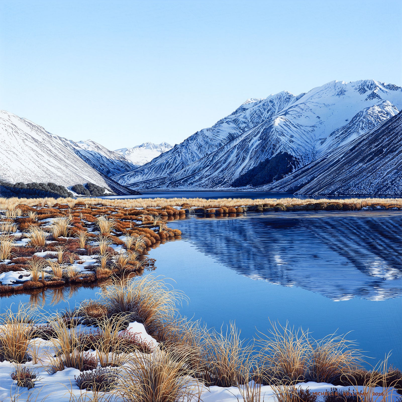 Painting of a mountain tarn at Lake Tennyson on the border of the St James and Molesworth by artist Michelle Bellamy.